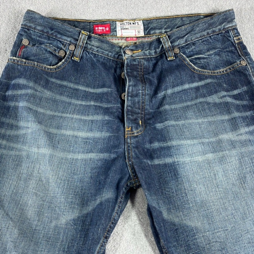 Holton MFG Jeans Mens 34x30 Straight Dark Wash Button Fly Whiskered